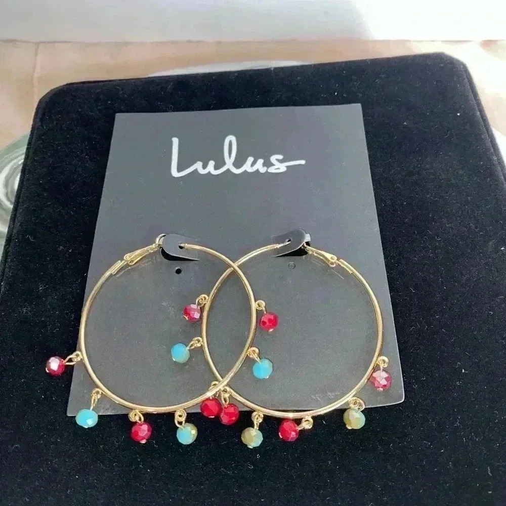 Lulus gold tone hoops with multi colored accents